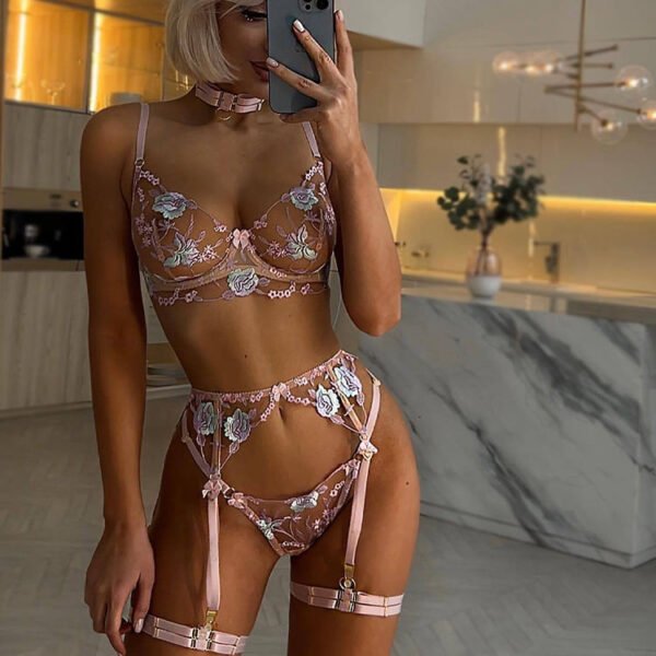 European and American hot-selling new sexy transparent heavy embroidery flower hip-revealing body shaping five-piece suit