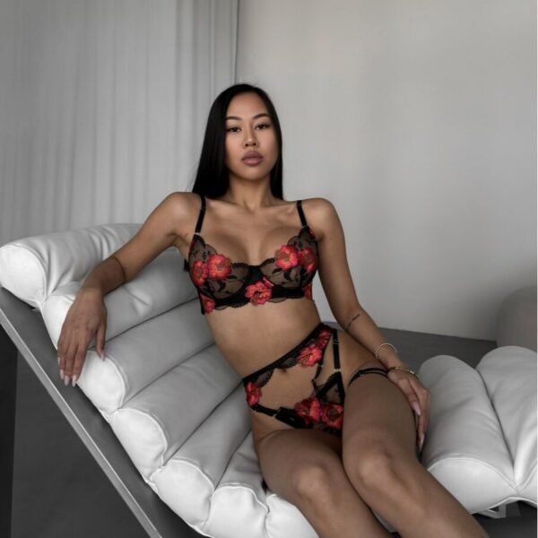 Sexy garter belt ultra-thin mesh steel ring with flower embroidery underwear four-piece set