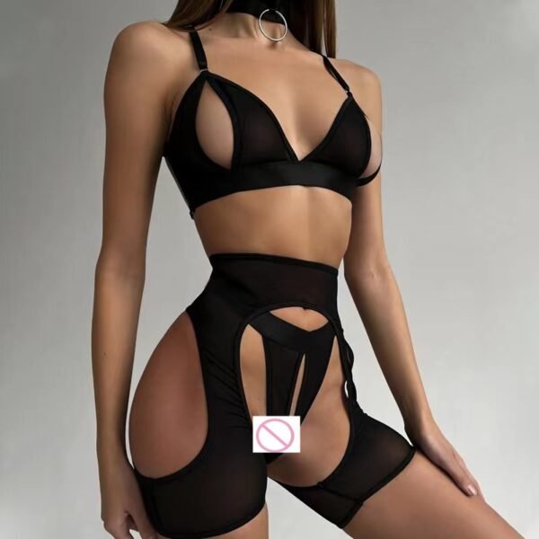 Sexy, passion, seduction, comfort, mesh, open chest, open breasts, open crotch, erotic underwear, four-piece pajamas, with neck loops, cross-border